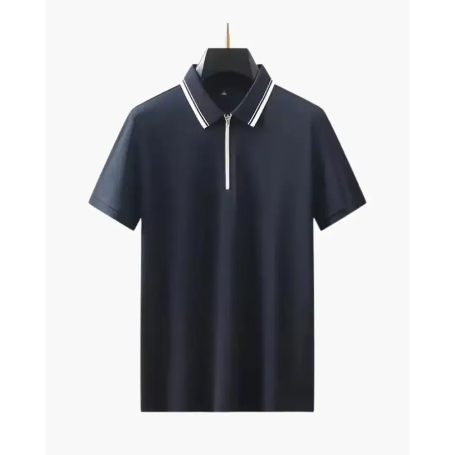 Navy refined knit polo, cable texture, front detail