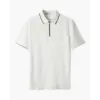 White zip collar polo, cable knit texture, front view