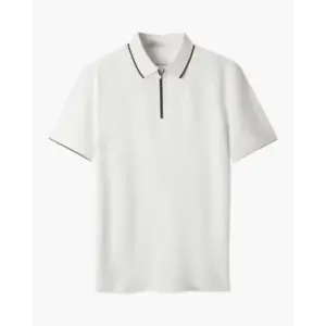 White zip collar polo, cable knit texture, front view