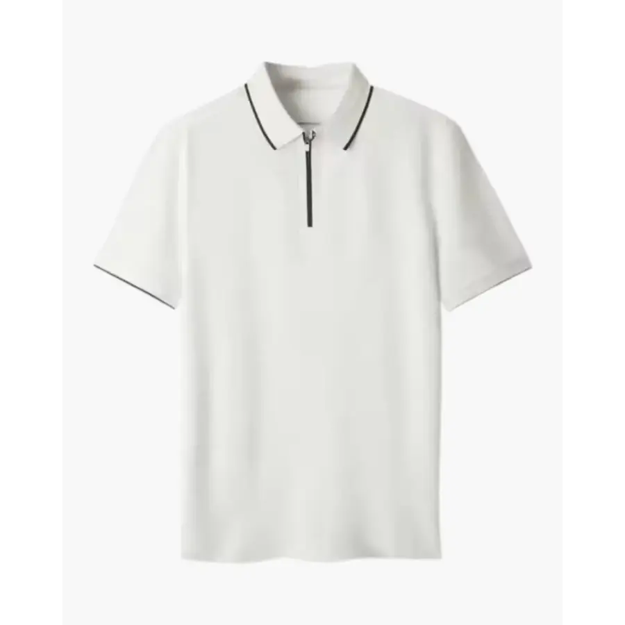 White zip collar polo, cable knit texture, front view