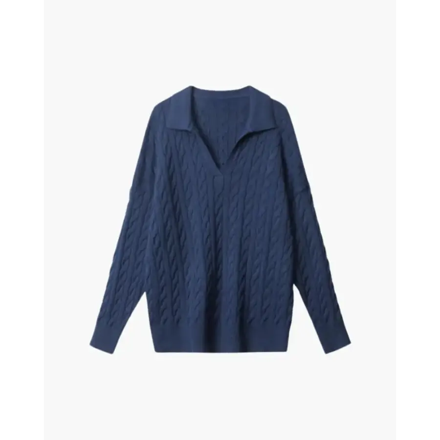 Refined wool V-neck sweater in navy blue, size S, worn layered under linen shirt