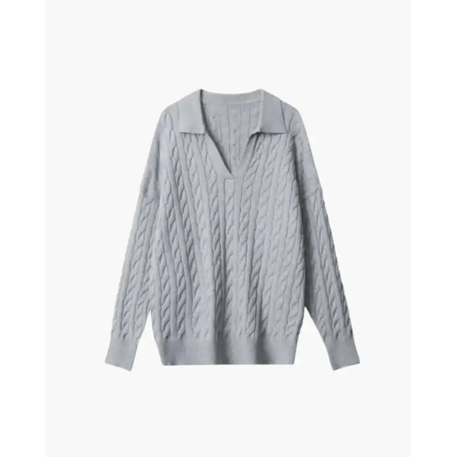 Wool V-neck sweater gray size S, flat lay showing V-neck depth and sleeve length