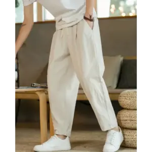 Relaxed Tapered Cotton Pants - Beige / S