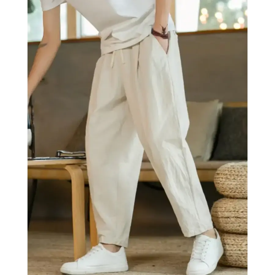 Relaxed Tapered Cotton Pants - Beige / S
