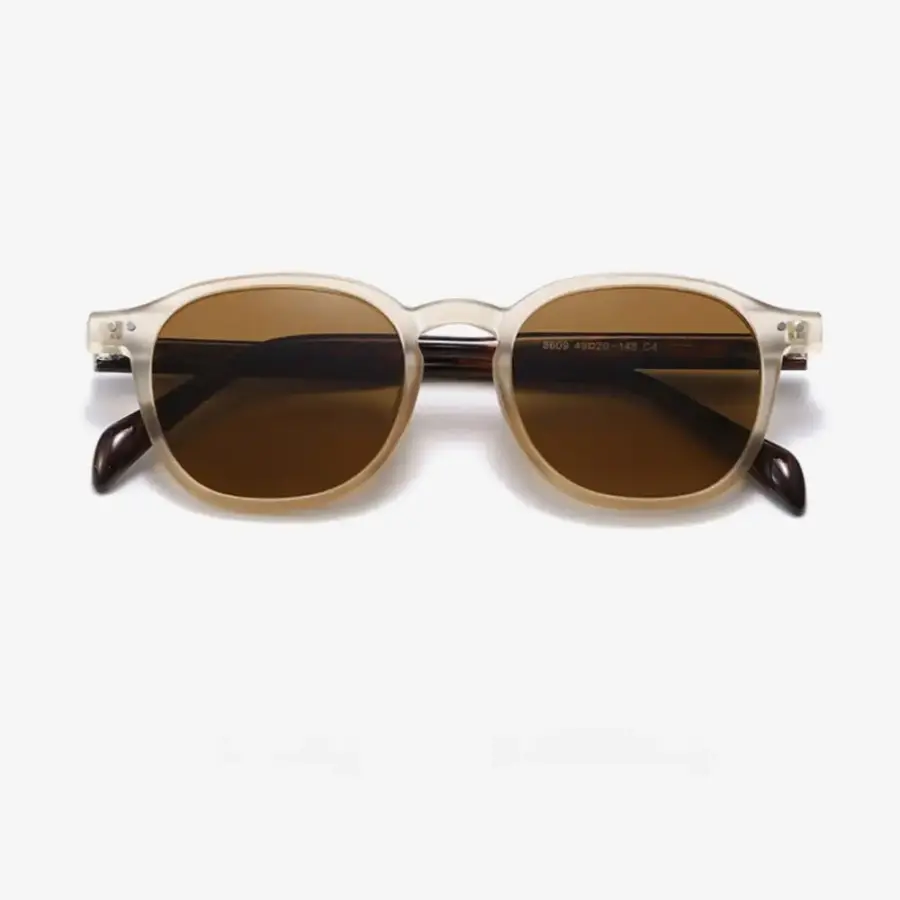 Round frame sunglasses detail shot of lens surface and UV protection coating