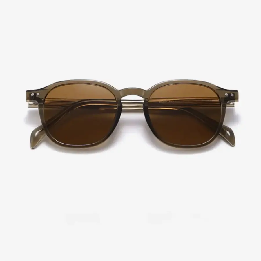 Retro round frame sunglasses front view, neutral angle, tea finish