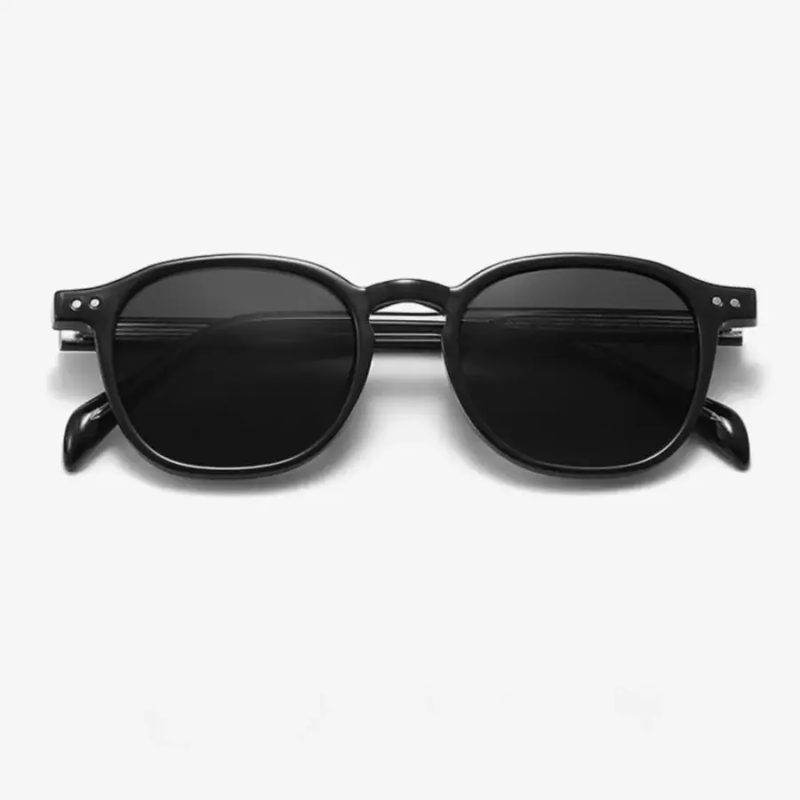 Retro round sunglasses layflat arrangement, showing frame depth and weight