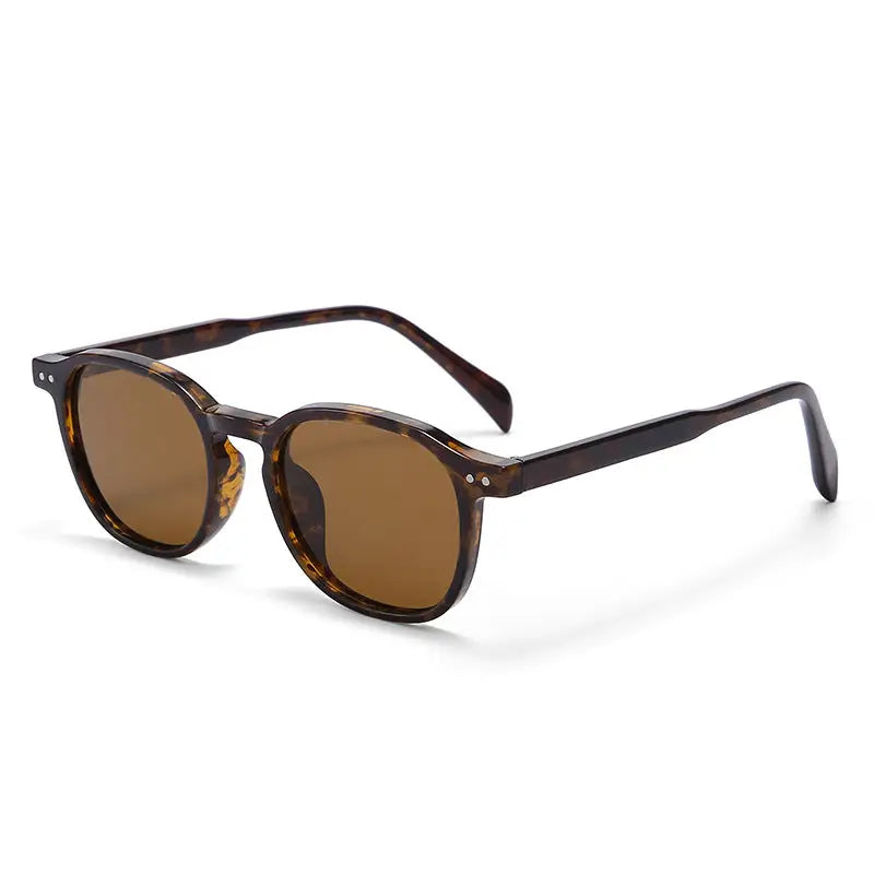 Leopard print retro round sunglasses, side profile showing acetate quality