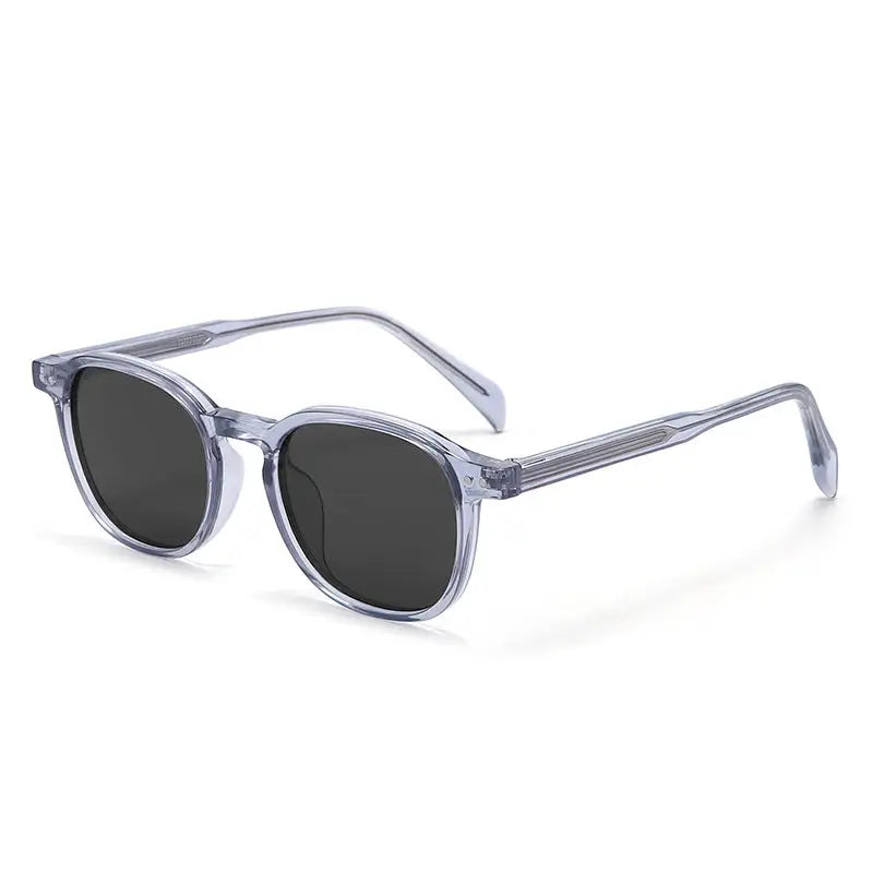 Stone finish retro round sunglasses, worn perspective on neutral model
