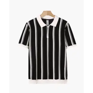 Retro Striped Half-Zip Polo Shirt - Black / XS