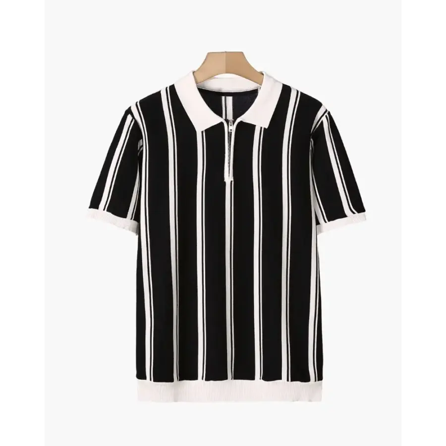 Retro Striped Half-Zip Polo Shirt - Black / XS
