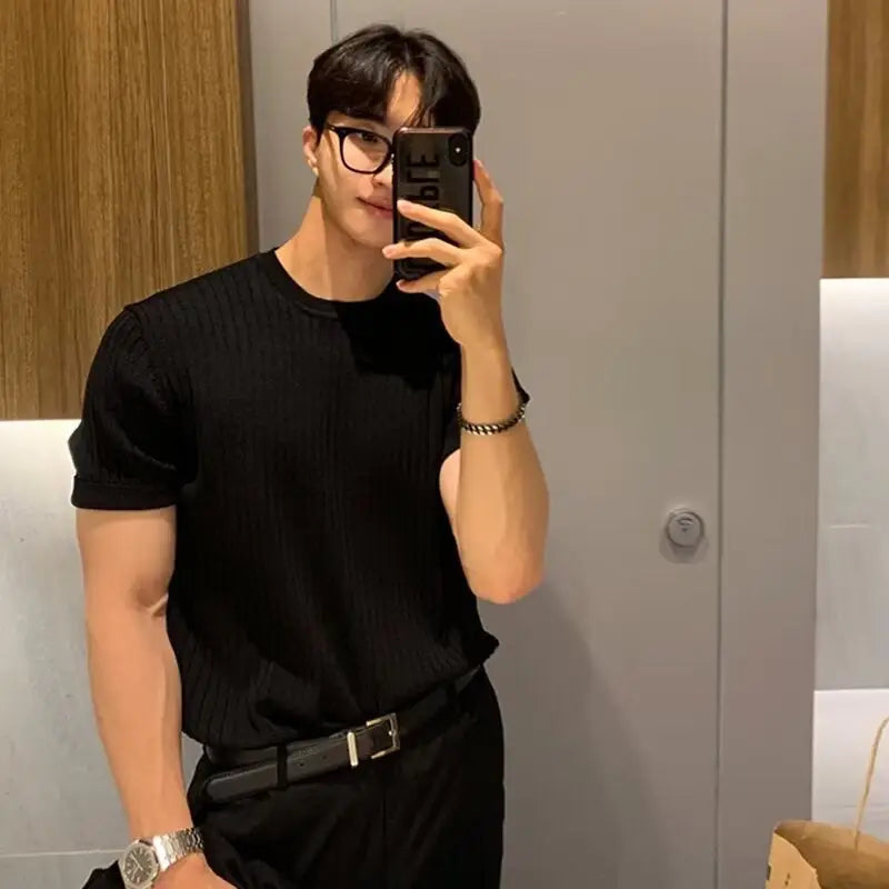 Ribbed Knit Crew Tee - Black / S
