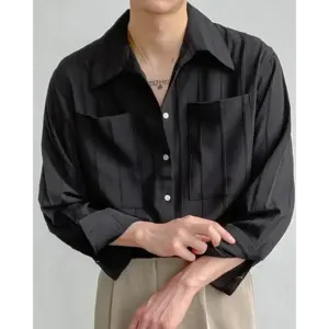 Ribbed oversized shirt in black, front view, size S
