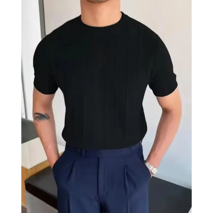 Ribbed Slim Fit Knit T-Shirt - Black / M