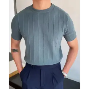 ribbed-slim-fit-knit-t-shirt-blue-m-779 Ribbed Slim Fit Knit T-Shirt - Blue / M