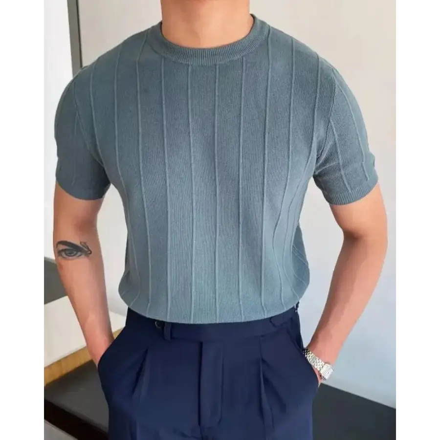Ribbed Slim Fit Knit T-Shirt - Blue / M
