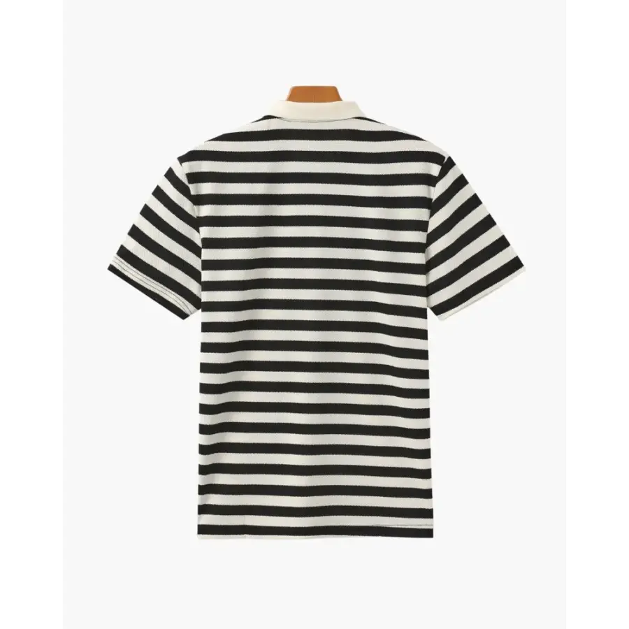 Textured knit polo detail showing ribbed surface and stripe pattern