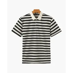 Riviera textured stripe knit polo in black, relaxed tailored fit