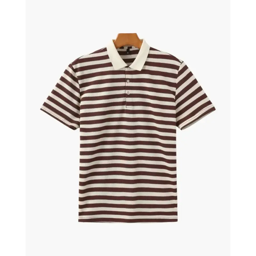 Riviera polo in brown with wide horizontal stripes and ivory collar