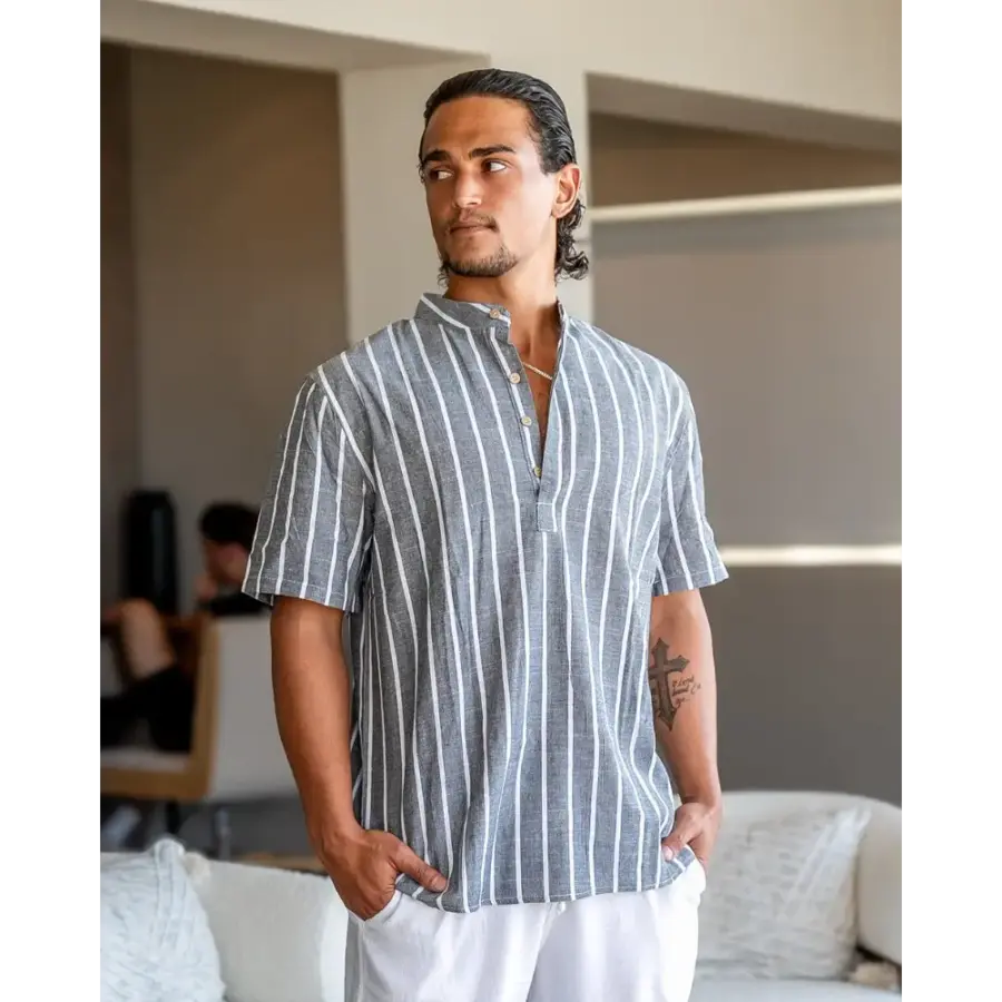 Santorini Striped V-Neck Linen Shirt