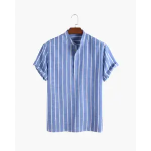 santorini-striped-v-neck-linen-shirt-blue-s-607 Santorini Striped V-Neck Linen Shirt - Blue / S
