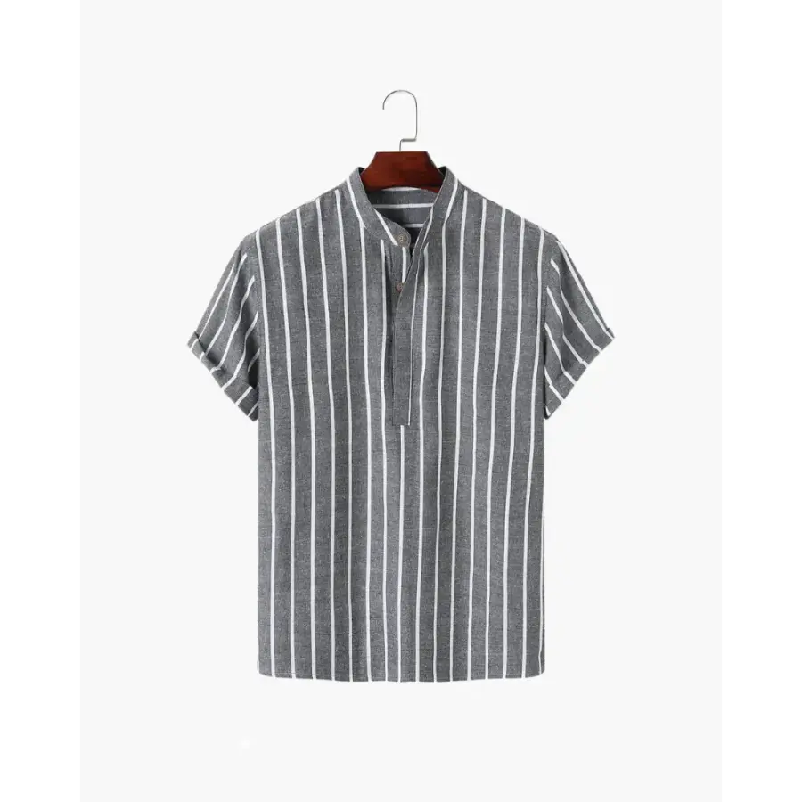 Santorini Striped V-Neck Linen Shirt - Gray / S