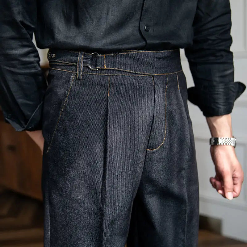 Savile Denim Pleated Trousers - Black / 28