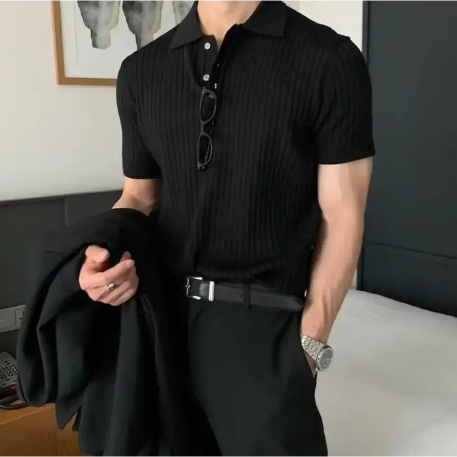 Savile Row Textured Knit Polo - Black / S