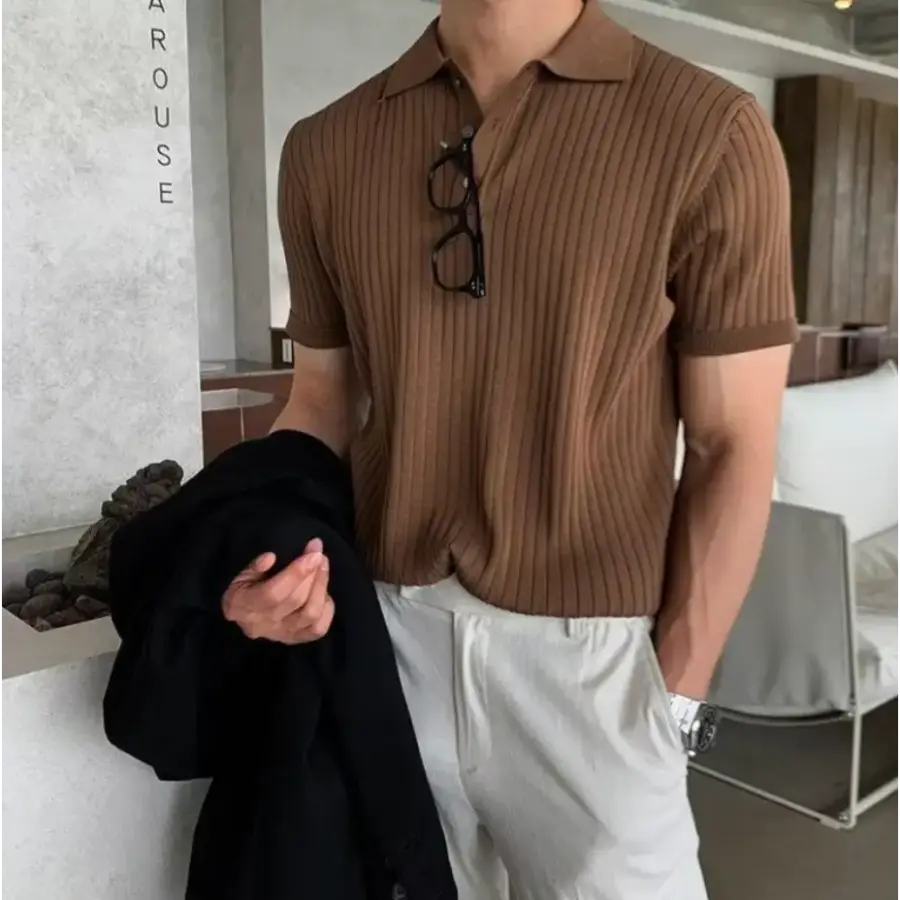 Savile Row Textured Knit Polo - Brown / S