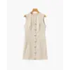 Sculpted beige mini shell dress front view, size S, showing wavy button placket detail