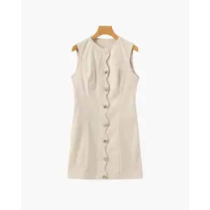 Sculpted beige mini shell dress front view, size S, showing wavy button placket detail