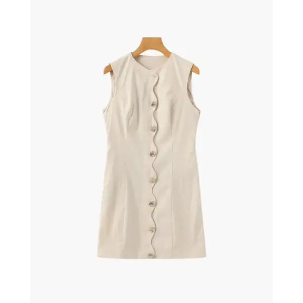 Sculpted beige mini shell dress front view, size S, showing wavy button placket detail