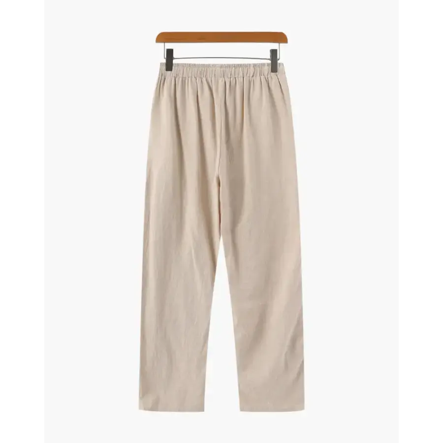 Signature linen pants close-up showing preshrunk medium-weight linen fiber and natural drape detail