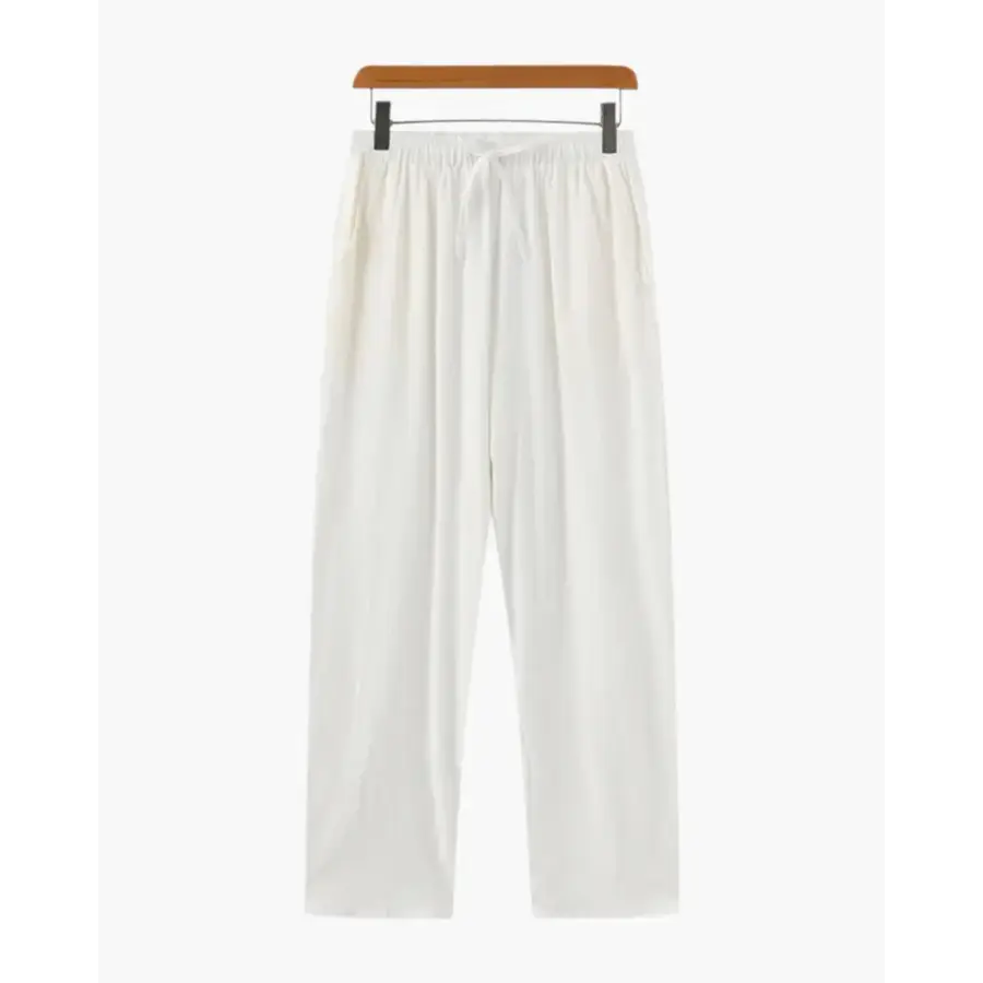 Signature white linen pants, straight leg, relaxed tailored fit suitable for warm weather styling