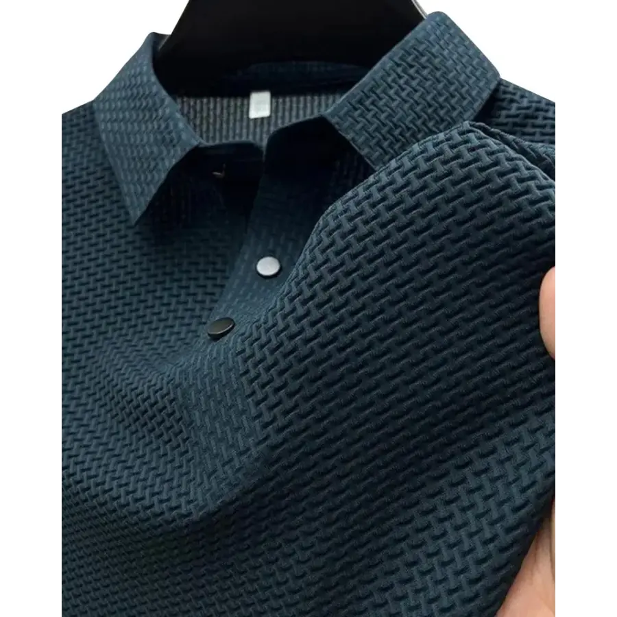 Silken Airflow navy polo side view drape silk blend