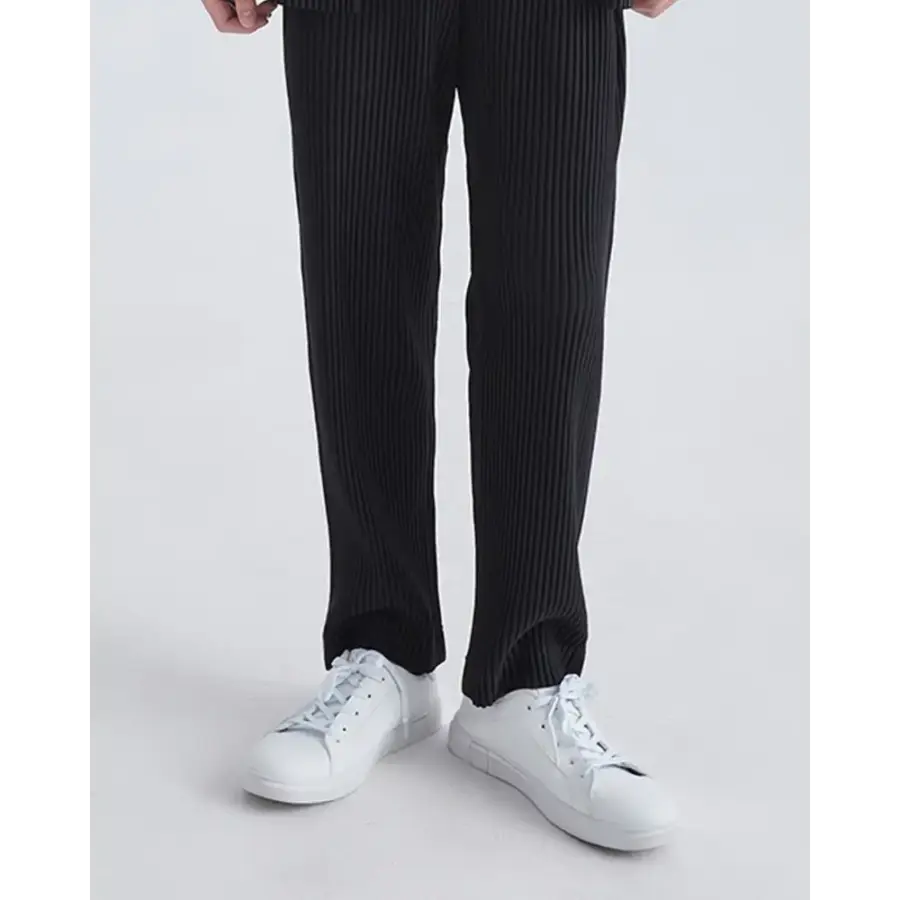 Soft ribbed lounge pants black, full-length side silhouette