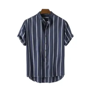 Striped short sleeve shirt in navy with vertical pattern detail