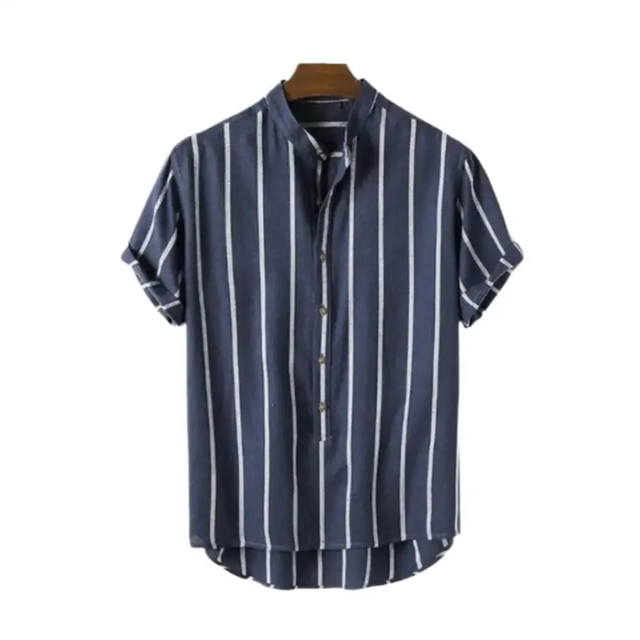 Striped short sleeve shirt in navy with vertical pattern detail