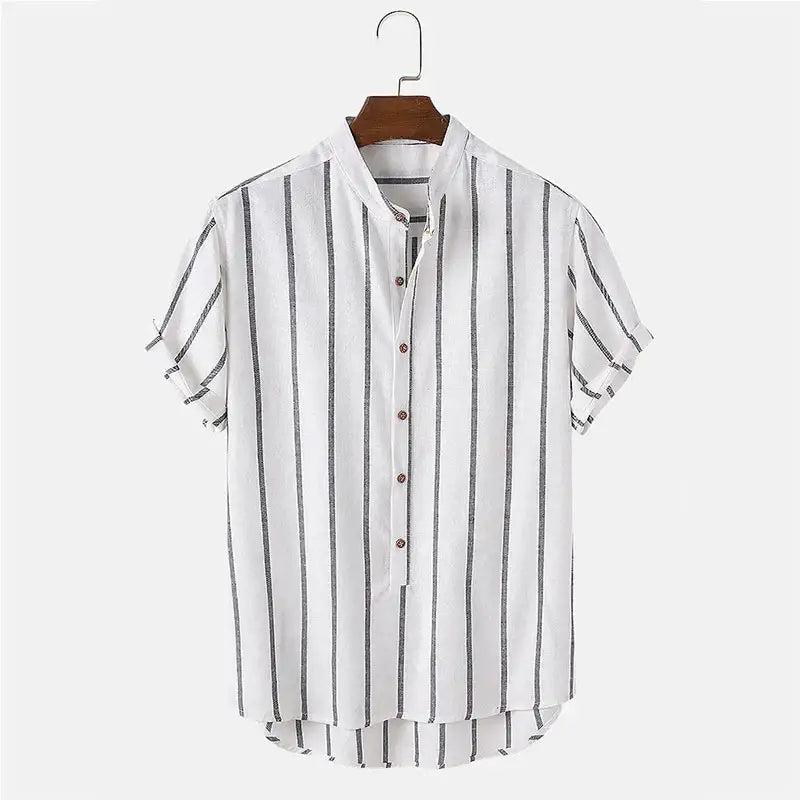 White striped cotton blend short sleeve shirt front view