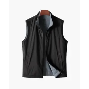 tailored-fleece-vest-black-s-491 Tailored fleece vest in Black, slim-cut fit, front view on model size small
