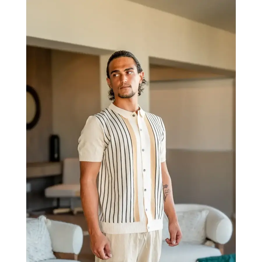 Tailored knit polo shirt cream stripe, close-up of vertical stripe detail and collar