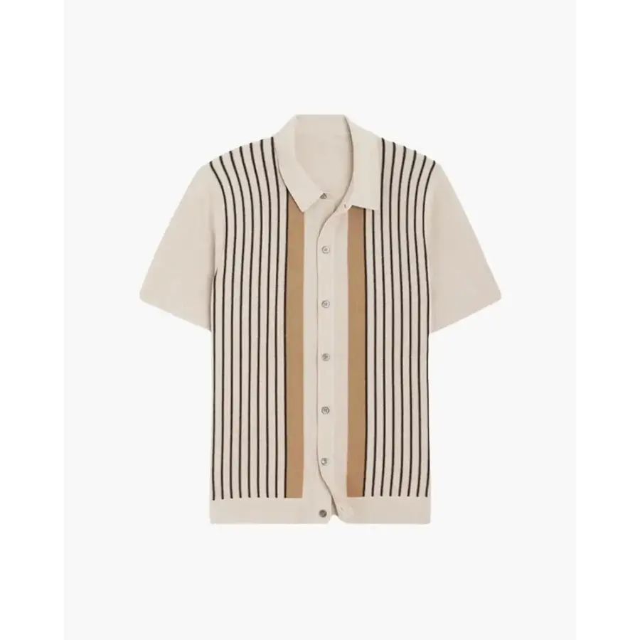 Tailored knit polo shirt in cream stripe, size small, front view