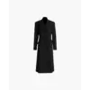 Tailored long overcoat in black wool, size small, front view showing double-breasted front and lapels