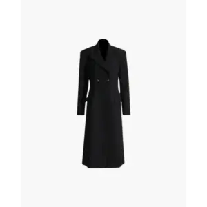 tailored-long-overcoat-black-s-294 Tailored long overcoat in black wool, size small, front view showing double-breasted front and lapels