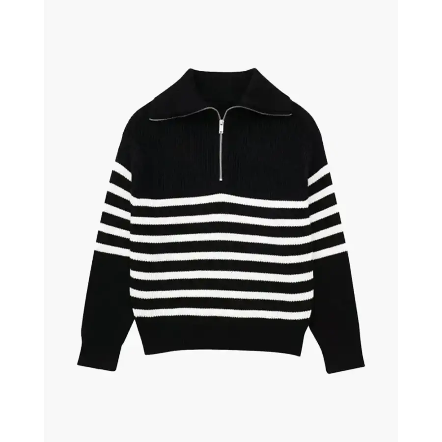 Black striped Mariner zip knit, full length view, hip-length cut
