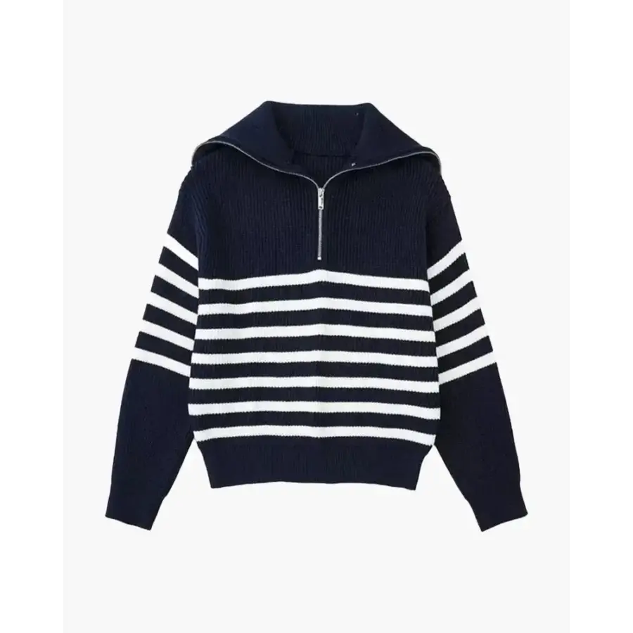Navy striped Mariner zip knit, worn open over linen shirt