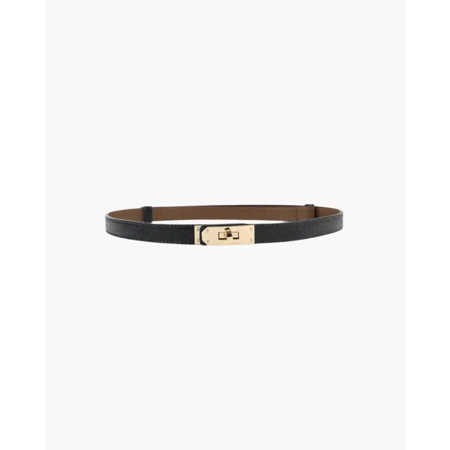Slim women's leather belt in black, flat metal hardware, formal styling