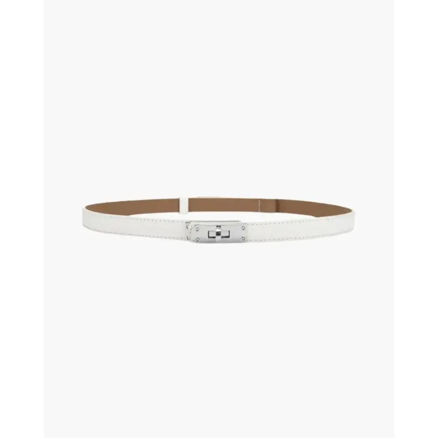 Slim women's leather belt in white, minimal buckle, tailored wardrobe accessory
