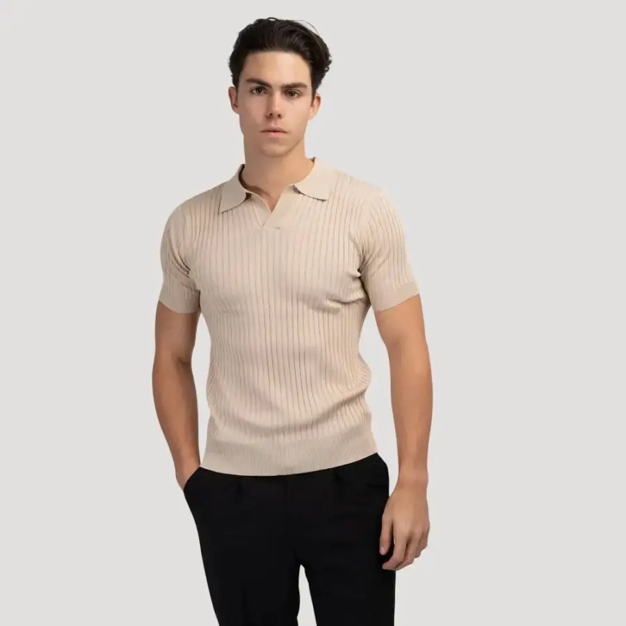 V-Neck Ribbed Knit Polo