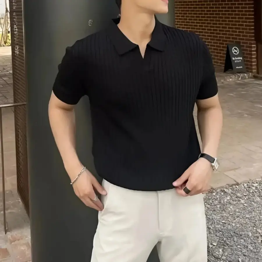 V-Neck Ribbed Knit Polo